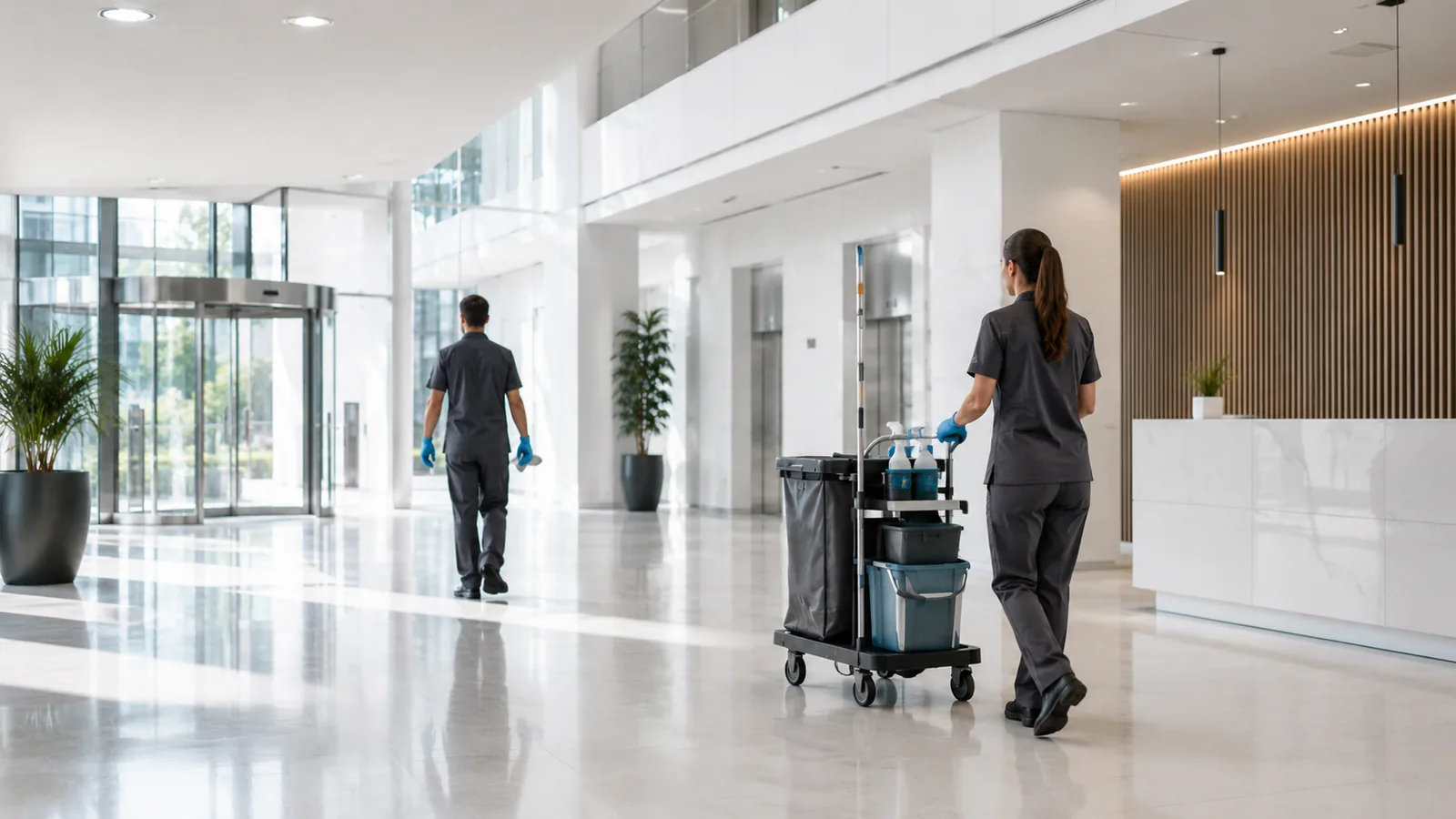 Reinigungskraft mit Reinigungswagen im Foyer